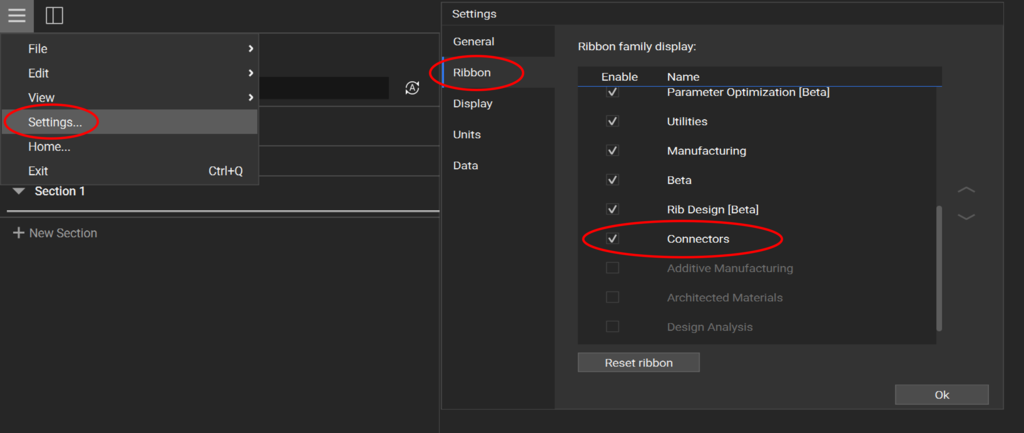 Connectors Ribbon Setting